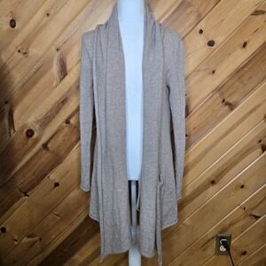 Athleta 100% Cashmere Open Front Cardigan Beige Medium Pockets Long